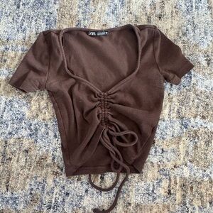 Zara Brown Ruched Tie Front Bodysuit